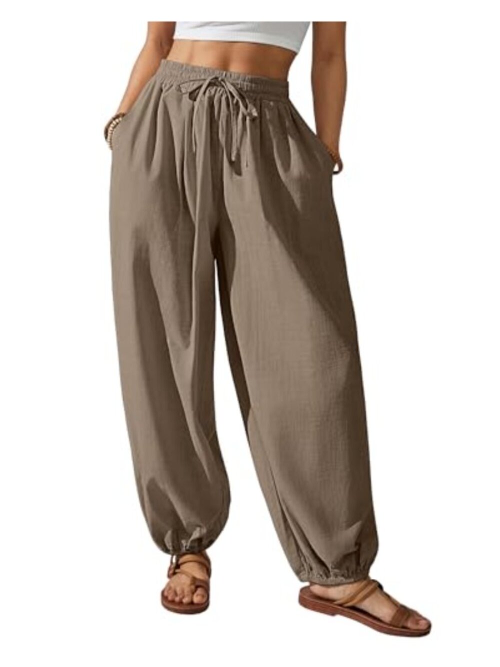 Womens Cotton Harem Pants Elastic Waist Baggy Drawstring Balloon Beach Pockets